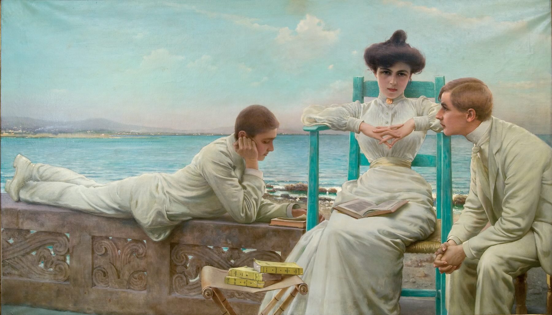 Obra de Vittorio Matteo Corcos, "In lettura sul mare" - retratando um período da Belle Époque