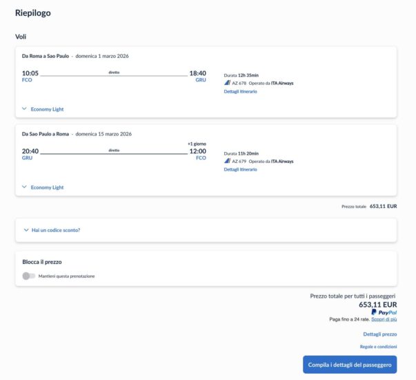 Exemplo de voo barato entre Roma e São Paulo com voo direto no site da ITA Airways