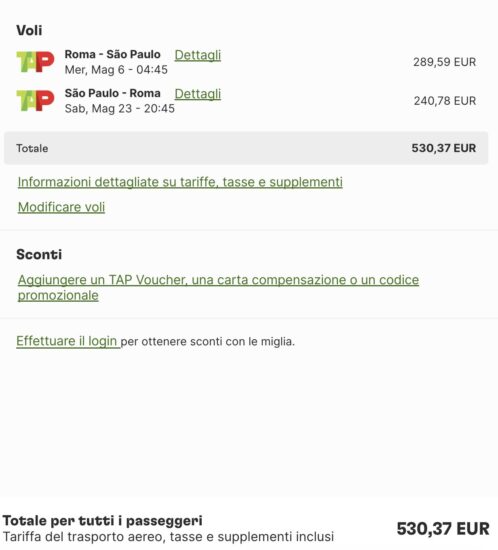 Passagem de ida e volta de Roma (FCO) a São Paulo (GRU) por Euro 530,37 com saída em maio de 2026