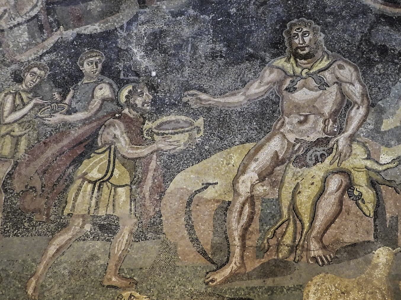 Ulisses e Polifemo retratados nos mosaicos da Villa Romana del Casale em Piazza Armerina