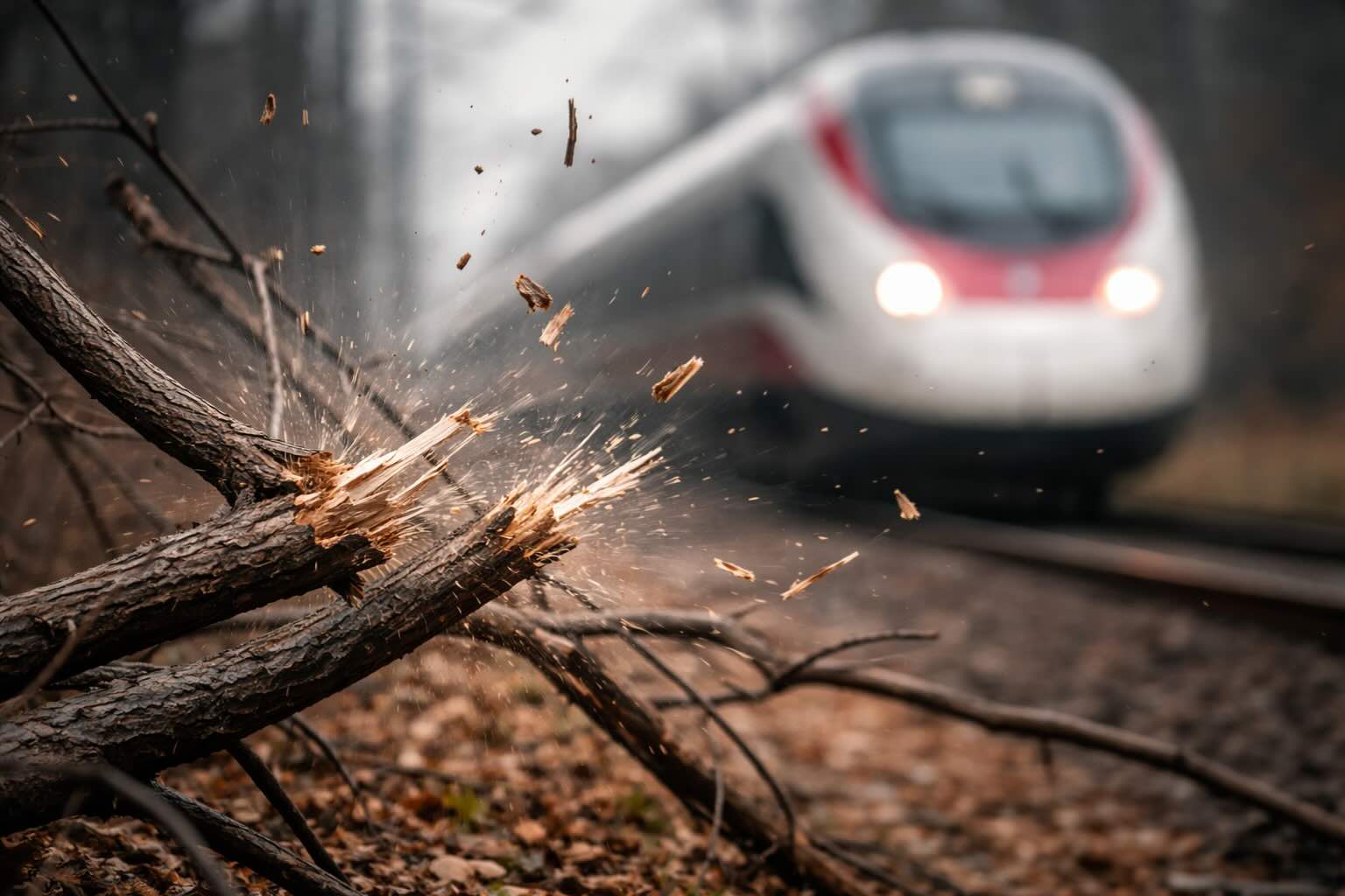Rogoredo: O Drama por Trás dos Trens Atrasados em Milão 1 Trem de alta velocidade italiano se aproximando de galhos nos trilhos, ilustrando os perigos que maquinistas enfrentam diariamente na linha Rogoredo-San Giuliano Milanese