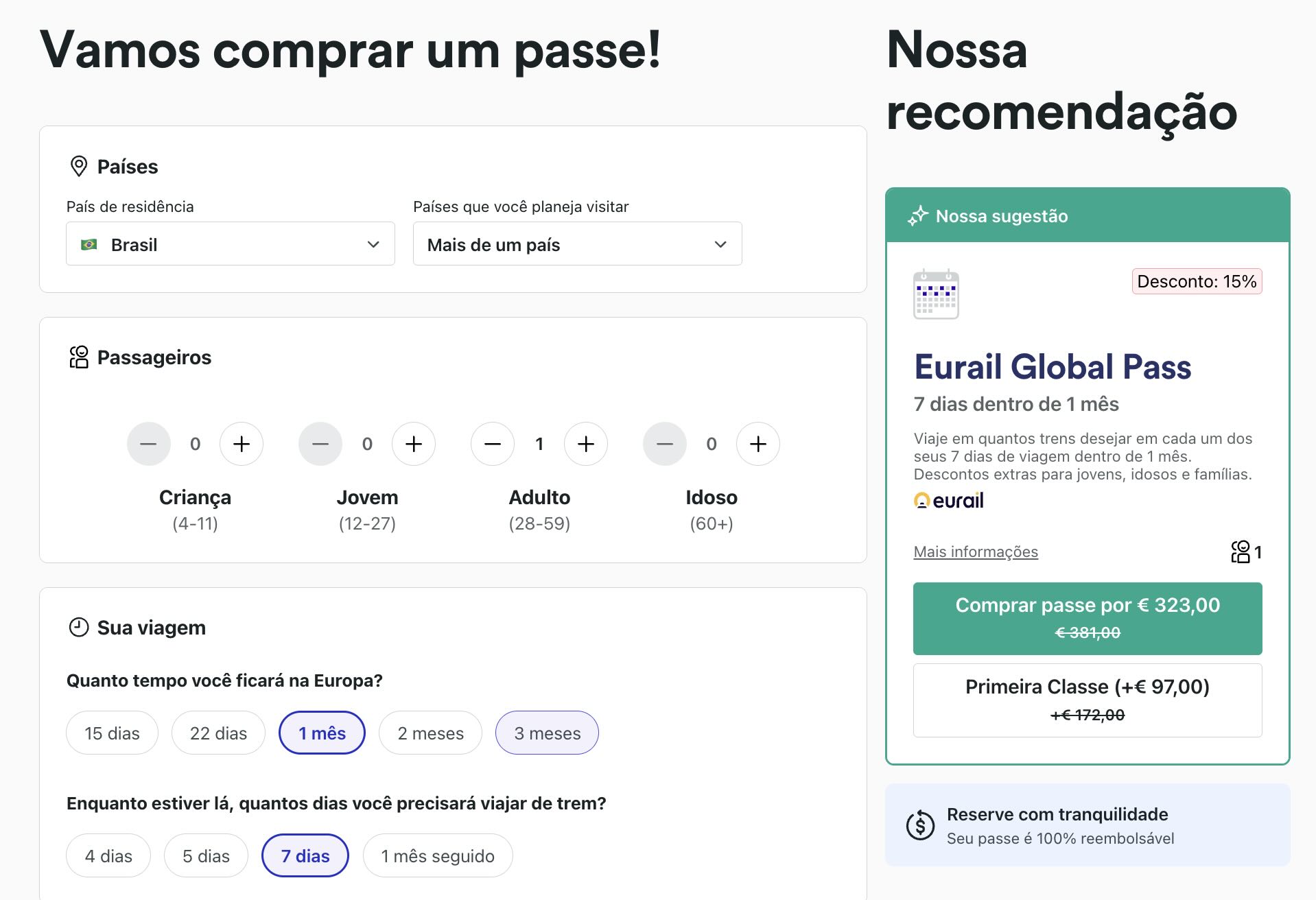 Exemplo de Eurail Global Pass para uso de 7 dias de trem dentro do período de 1 mês para 1 adulto