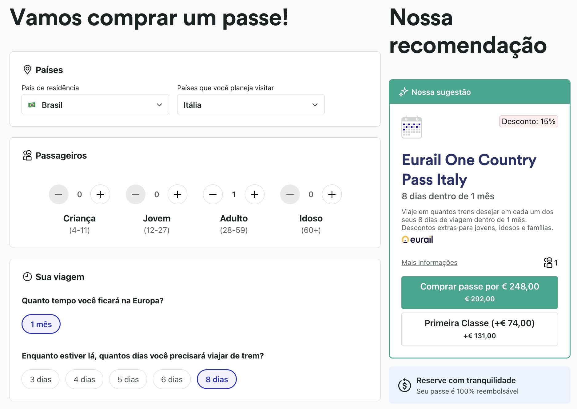Exemplo de Eurail One Country Pass Italy para uso de 78dias de trem dentro do período de 1 mês para 1 adulto