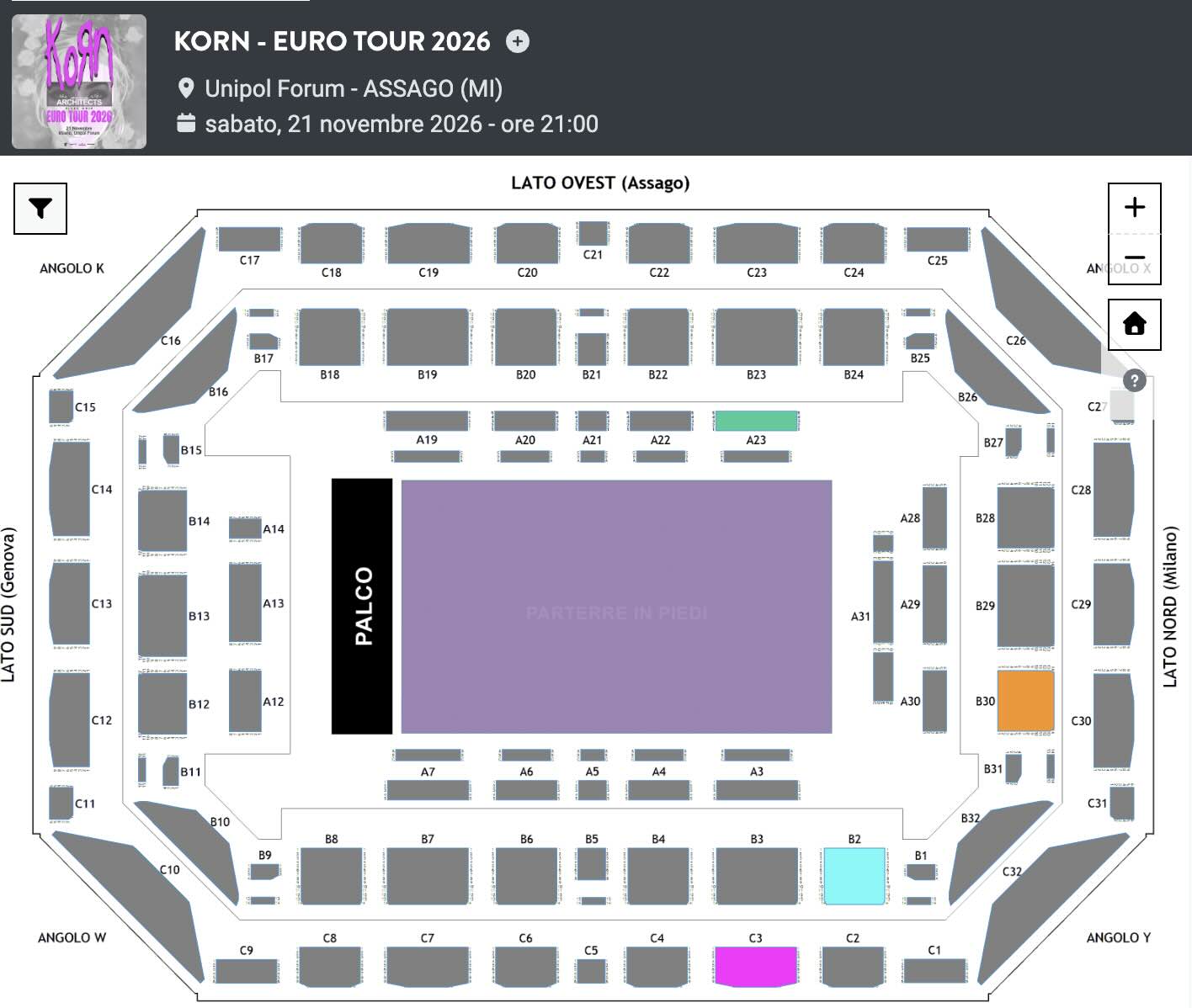 mapa do Unipol Forum Assago em Milão onde acontecerá o show da banda Korn