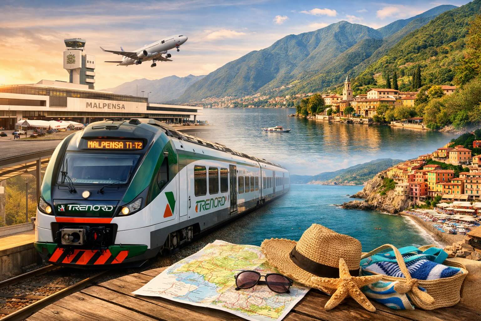 Trenord amplia viagens de fim de semana para Malpensa, lagos e litoral da Ligúria - Ilustração horizontal com trem da Trenord em primeiro plano, aeroporto de Malpensa, paisagem de lago alpino e vila litorânea da Ligúria, representando as novas conexões de fim de semana no norte da Itália