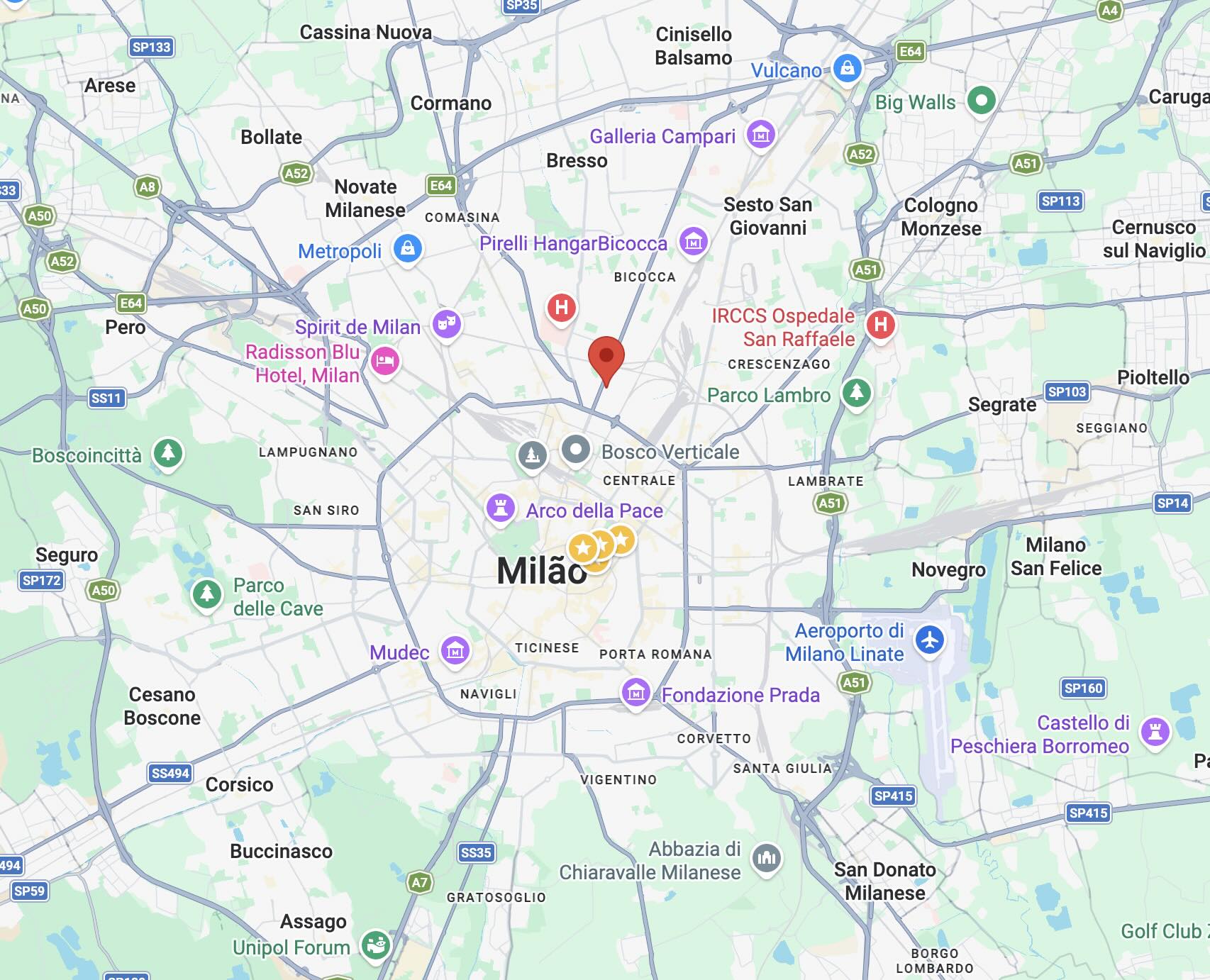 O balãozinho vermelho indica a posição atual do Barbacoa Milano, churrascaria brasileira em Milão (clique na imagem para abrir no Google Maps)