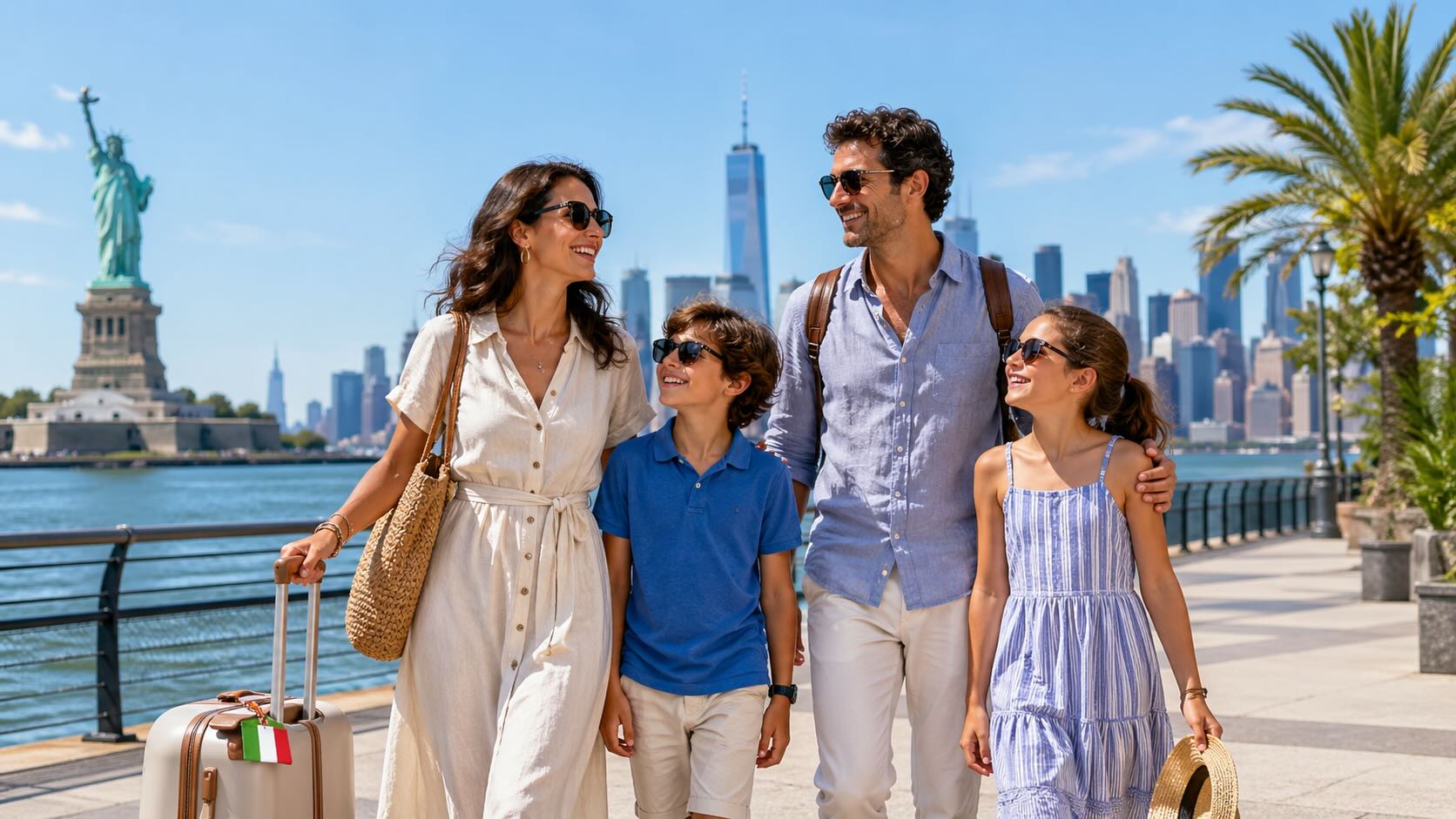 Família com duas crianças caminha em um calçadão à beira da água em Nova York, com a Estátua da Liberdade e o skyline da cidade ao fundo, em uma imagem sobre promoção de voos da Itália para os Estados Unidos no verão europeu.