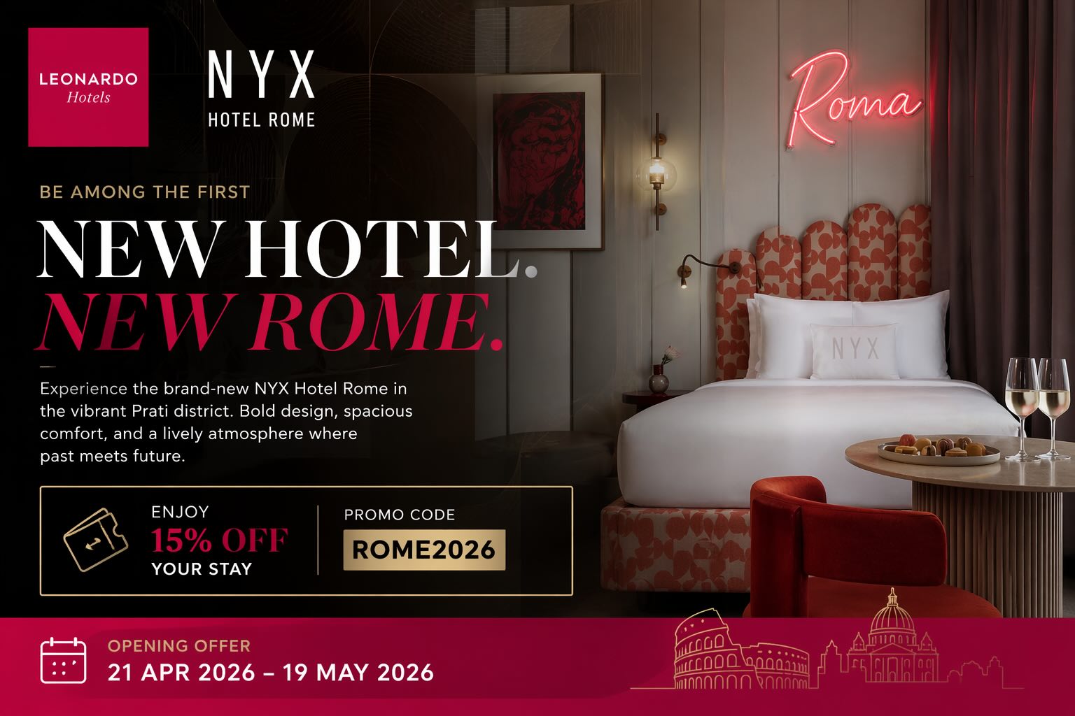 Promoção de inauguração do NYX Hotel Rome com o código promocional ROME2026 