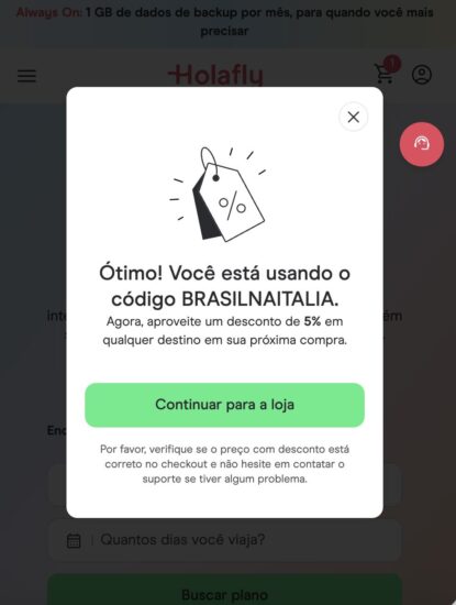 Imagem mostra o cupom de desconto Holafly BRASILNAITALIA aplicado no site oficial da Holafly esim de viagem