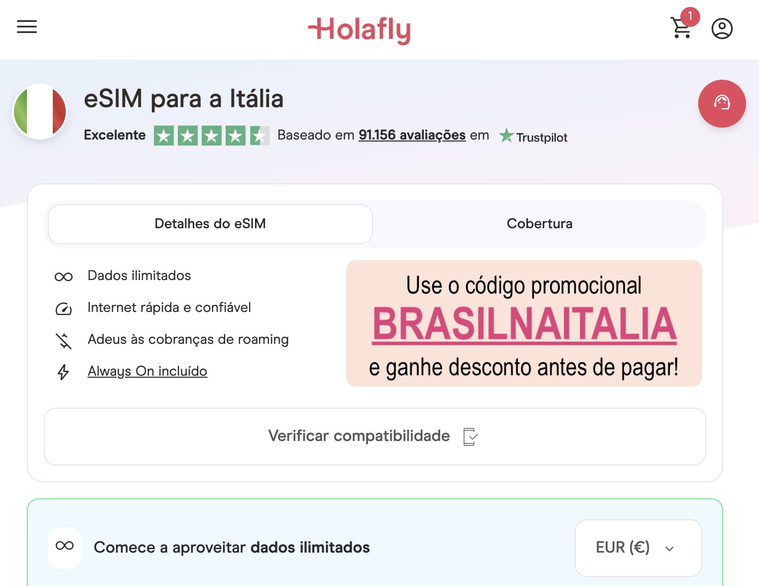 captura de tela do site da Holafly com eSIM para a Itália e o código promocional BRASILNAITALIA para obter desconto