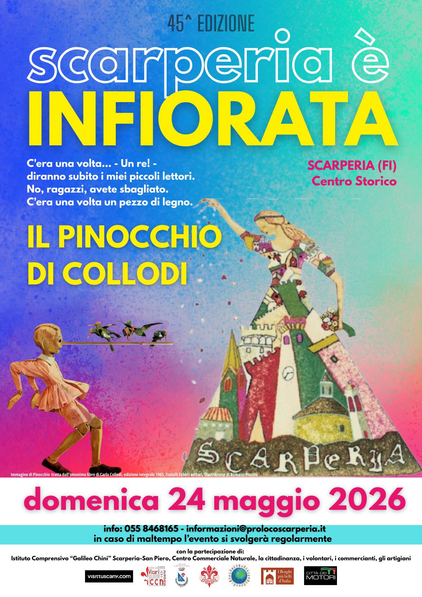 cartaz da 45º da Inforata de Scarperia que acontece no dia 24 de maio de 2026 no Mugello e tem como tema Pinóquio de Carlo Collodi