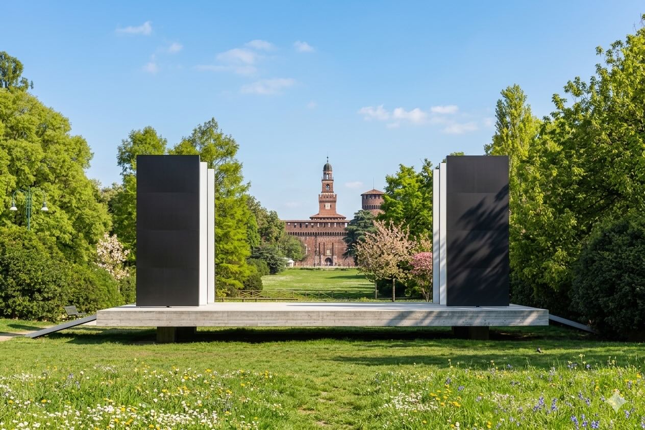 Teatro Continuo de Burri em Milão recebe maratona gratuita de performances no Parco Sempione 1 Uma ilustração do Teatro de Burri onde acontecerá o Burri Palcoscenico Aperto (imagem gerada por IA)