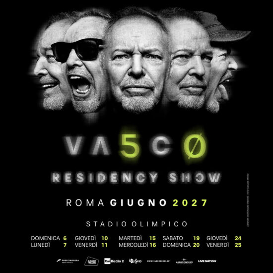 Depliant oficial da turnê de Vasco Rossi em Roma 2027 para celebrar os 50 anos de carreira ou o Giubileo di Vasco