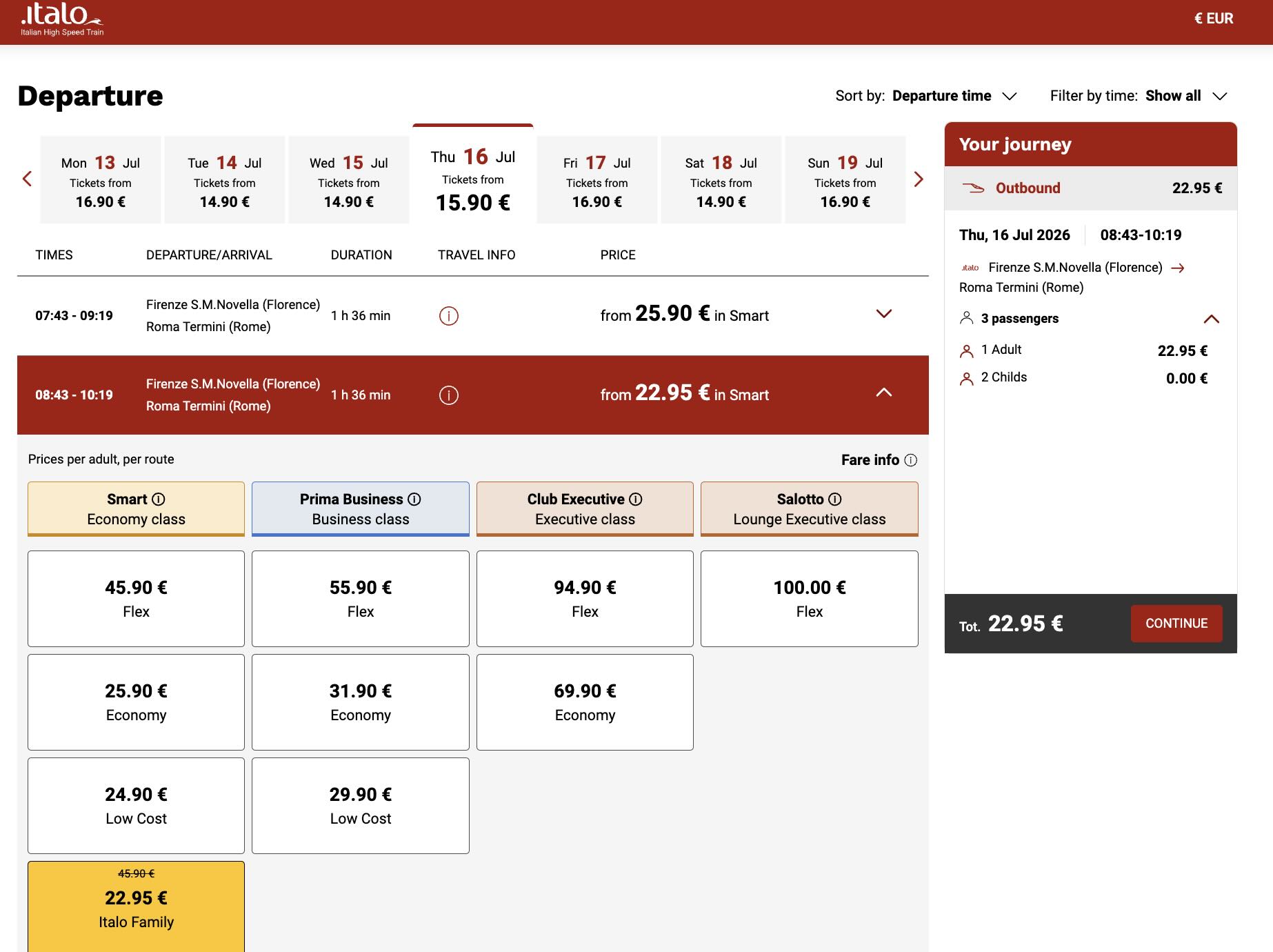 ela de reserva da Italo mostrando a oferta Italo Family para 3 passageiros, com viagem de Florença a Roma, 1 adulto pagando €22,95 e 2 crianças com tarifa gratuita.