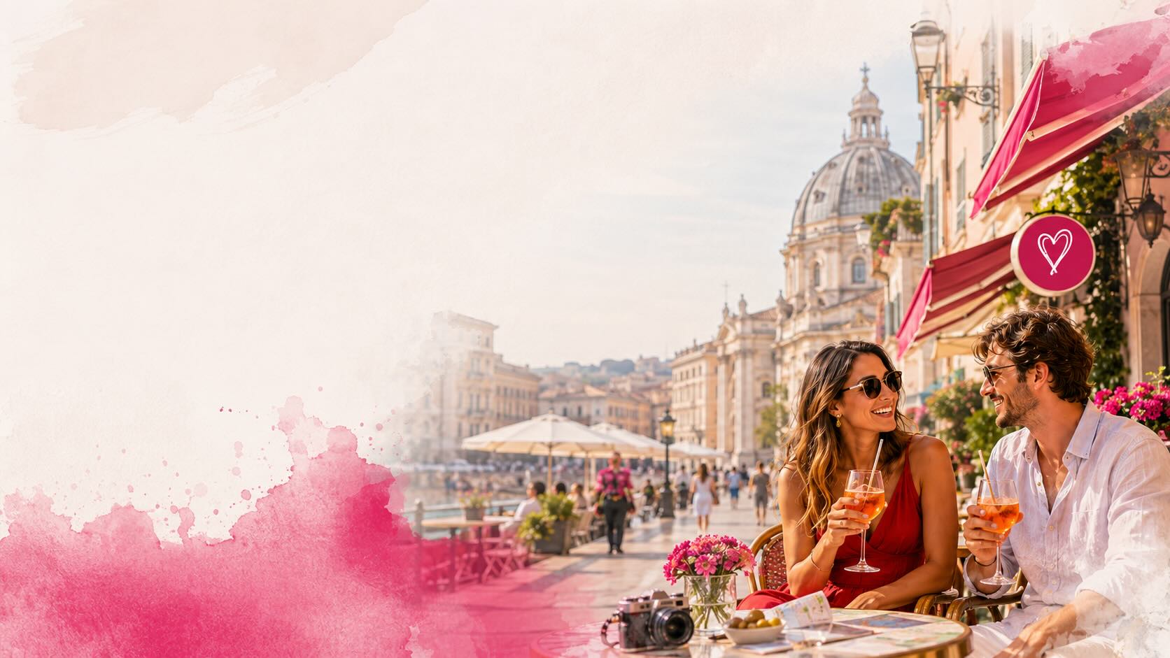 Casal em um café ao ar livre em uma cidade europeia durante o verão, com drinks, mapa e câmera sobre a mesa, em imagem ilustrativa sobre promoção de hotéis na Europa.