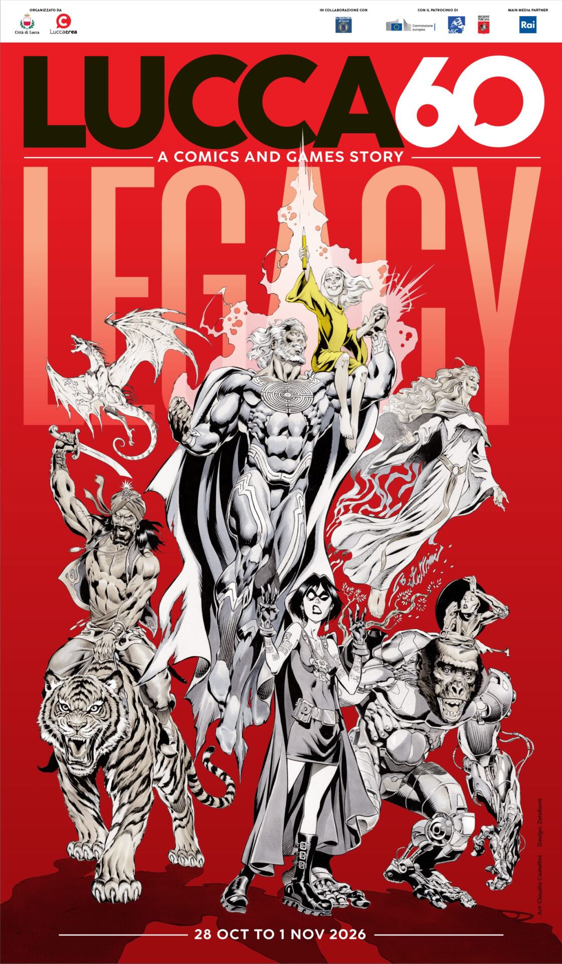 Cartaz oficial do Lucca Comics and Games 2026, edição Legacy dos 60 anos, com arte de Claudio Castellini.