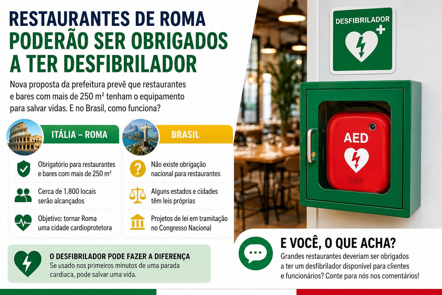 Restaurantes de Roma poderão ser obrigados a ter desfibrilador. E no Brasil, como funciona?