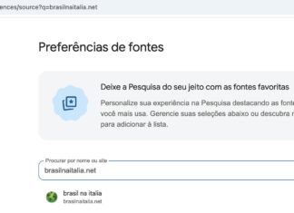 Google lança o recurso Fontes Preferidas: veja como seguir o Brasil na Italia nas suas buscas Tela de Preferências de fontes do Google com o Brasil na Italia selecionado como fonte preferida