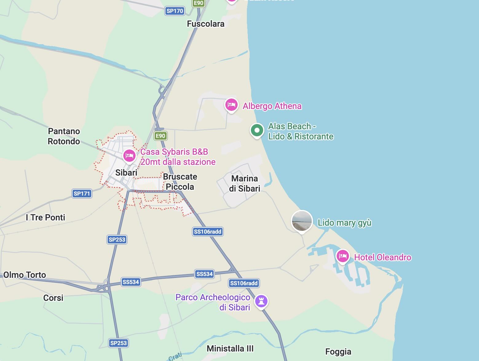 Marina di Sibari: praia e resorts no litoral da Calábria 3 Mapa Sibari - Marina di Sibari