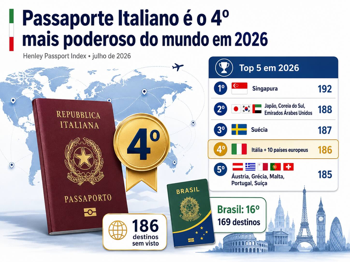 Passaporte Italiano é o 4º Mais Poderoso do Mundo em 2026: Veja o Ranking Completo