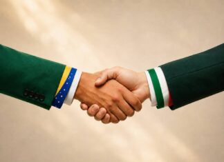 Exportações da Itália para Brasil e Argentina crescem 21% com o acordo UE-Mercosul; Confindustria prepara missão empresarial em setembro Aperto de mãos com mangas nas cores das bandeiras do Brasil e da Itália, simbolizando a parceria comercial entre os dois países
