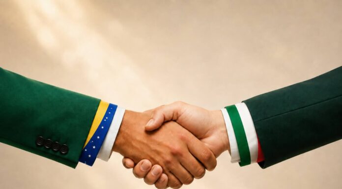 Exportações da Itália para Brasil e Argentina crescem 21% com o acordo UE-Mercosul; Confindustria prepara missão empresarial em setembro Aperto de mãos com mangas nas cores das bandeiras do Brasil e da Itália, simbolizando a parceria comercial entre os dois países
