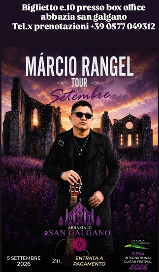 Cartaz oficial do show de Márcio Rangel na Abbazia di San Galgano em 5 de setembro de 2026