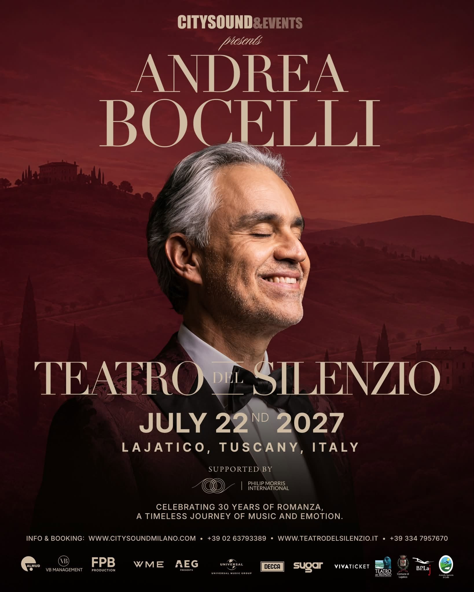 Show do Andrea Bocelli em Lajatico 2027: organize sua estadia na Toscana 1 Cartaz oficial: show do Andrea Bocelli no Teatro del Silenzio 2027, 22 de julho, Lajatico, Toscana