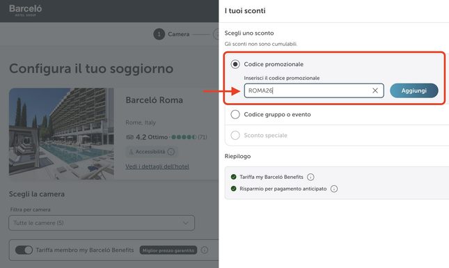 Código Promocional Barceló Roma: 10% de desconto e o que saber antes de reservar Código promocional Barceló Roma ROMA26 aplicado na tela de reserva do site oficial