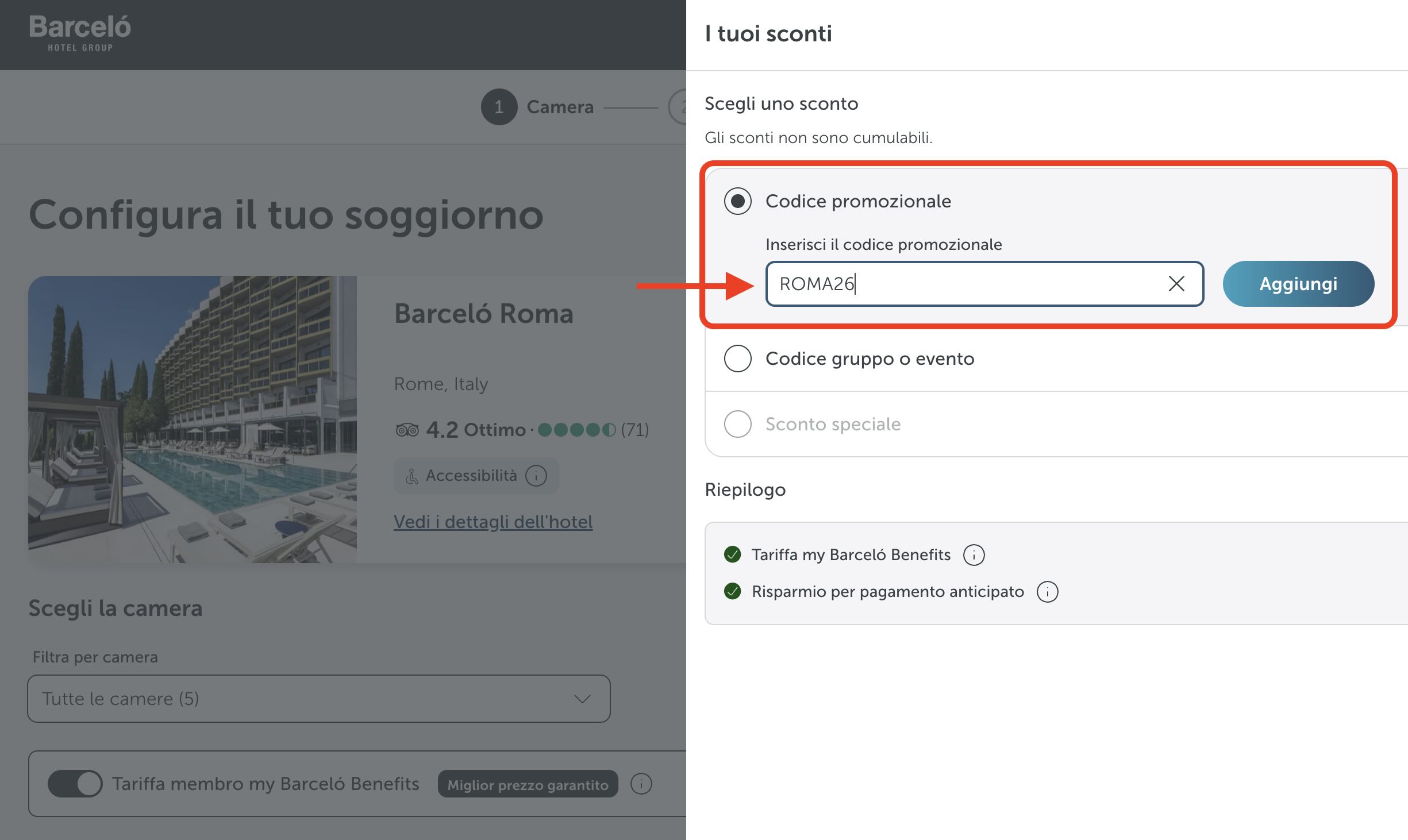 Código Promocional Barceló Roma: 10% de desconto e o que saber antes de reservar 1 Código promocional Barceló Roma ROMA26 aplicado na tela de reserva do site oficial