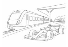 GP de Monza 2026: como chegar ao autódromo de trem com bilhete a partir de 5 euros Trem e carro de Fórmula 1 ao lado da pista, ilustrando como chegar ao autódromo de Monza de trem