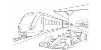Trem e carro de Fórmula 1 ao lado da pista, ilustrando como chegar ao autódromo de Monza de trem