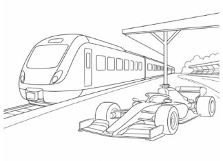 Trem e carro de Fórmula 1 ao lado da pista, ilustrando como chegar ao autódromo de Monza de trem