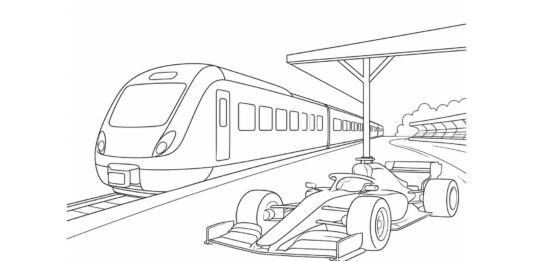 Trem e carro de Fórmula 1 ao lado da pista, ilustrando como chegar ao autódromo de Monza de trem