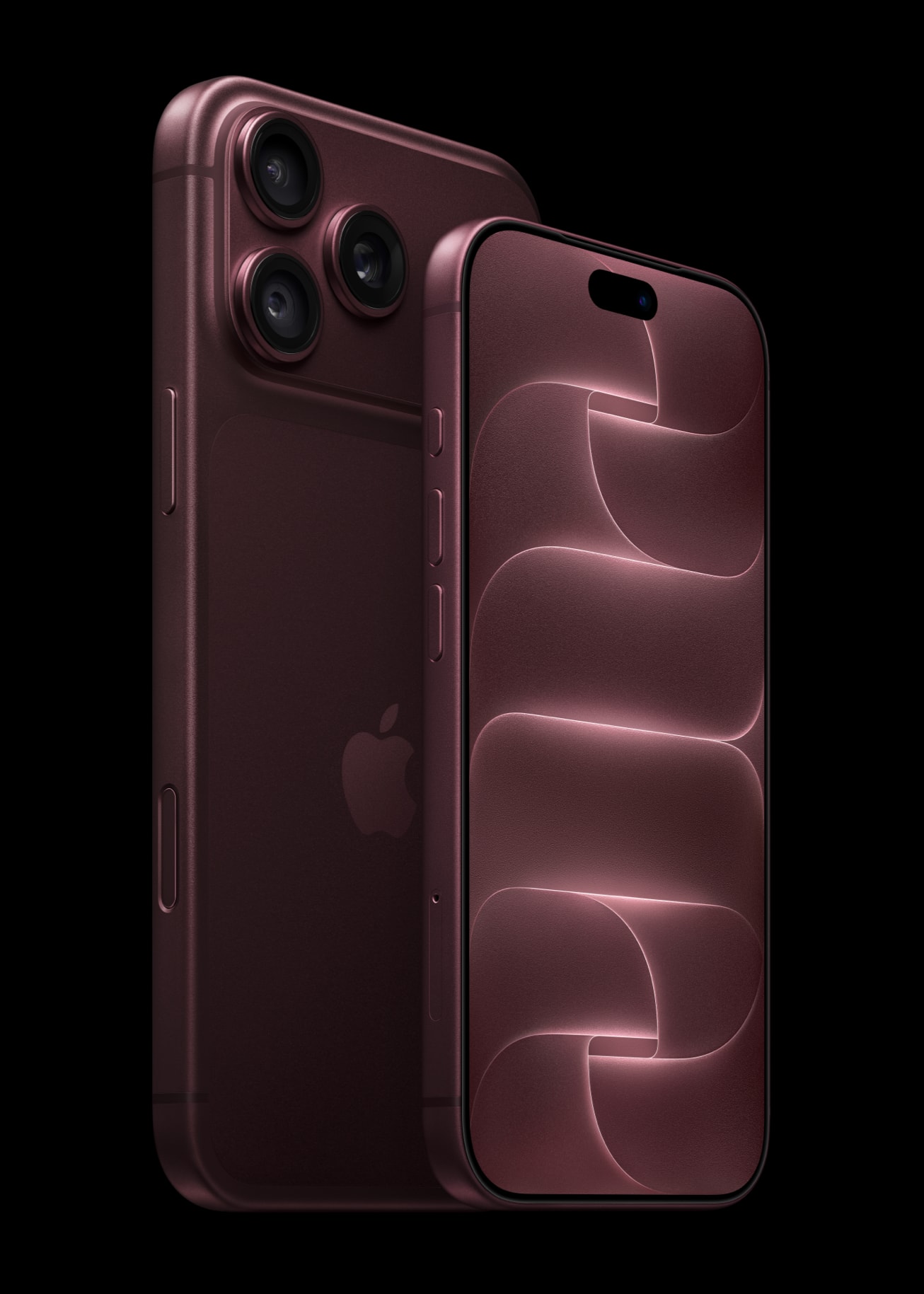 iPhone 18 Pro e iPhone 18 Pro Max na cor borgonha, de frente e de costas