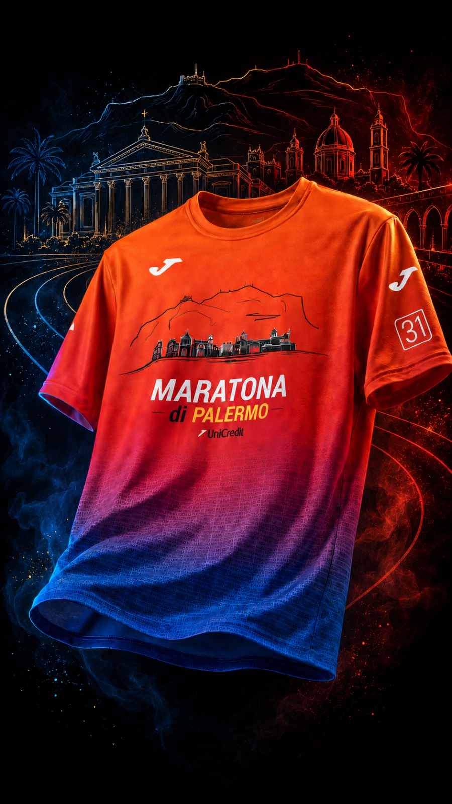 Camiseta oficial da Maratona de Palermo 2026, laranja e azul com o desenho dos monumentos da cidade