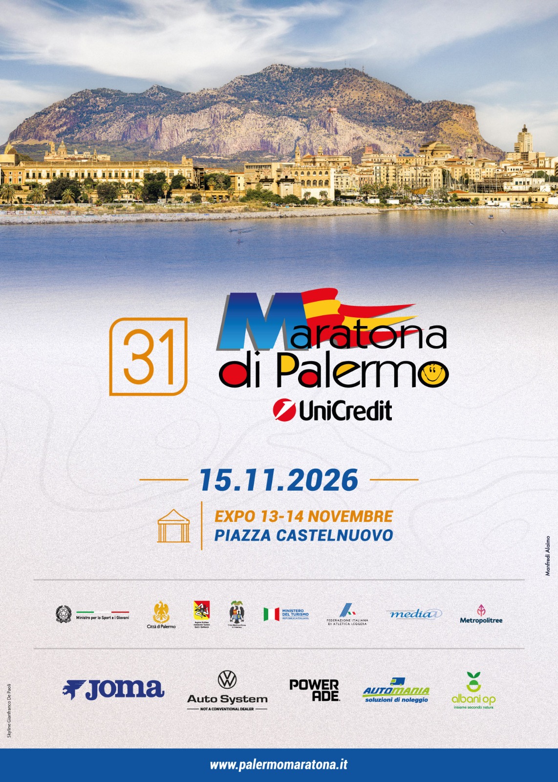 Cartaz da 31ª Maratona de Palermo: prova em 15 de novembro de 2026 e Expo em 13 e 14 de novembro na Piazza Castelnuovo