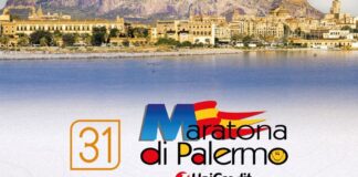 Logo da Maratona de Palermo 2026 com a data de 15 de novembro e a vista de Palermo com o Monte Pellegrino