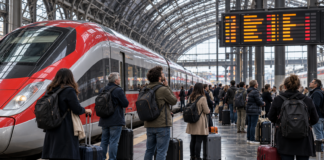 Passageiros aguardam em plataforma de estação ferroviária durante greve na Itália