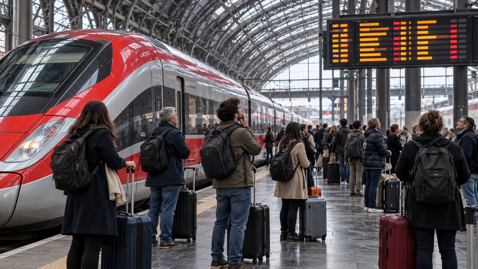 Passageiros aguardam em plataforma de estação ferroviária durante greve na Itália