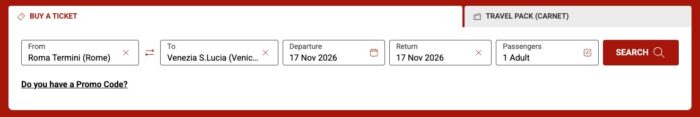 Italo eXtra Magic: passagens de trem com até 70% de desconto 2 Busca no site da Italo de um bate-volta de Roma Termini a Venezia S.Lucia para 1 adulto