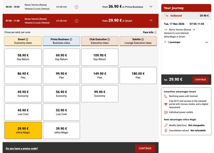 Italo eXtra Magic: passagens de trem com até 70% de desconto 3 Tabela de tarifas da Italo com a eXtra Magic a 29,90 euros contra 86,90 euros da tarifa Flex de Roma a Veneza
