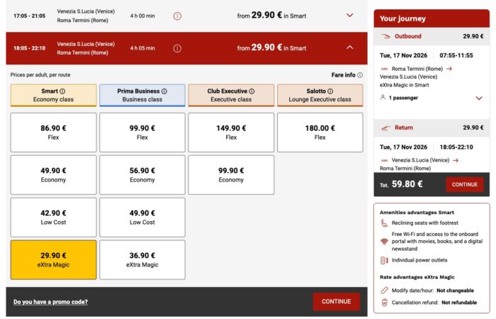 Italo eXtra Magic: passagens de trem com até 70% de desconto 4 Resumo da viagem de ida e volta Roma Veneza na tarifa eXtra Magic com total de 59,80 euros