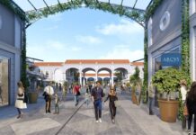 Ilustração do projeto do Roma Outlet Village, com rua de lojas coberta por pérgola, pessoas fazendo compras e arcos brancos ao fundo