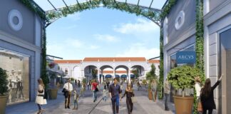 Roma Outlet Village abre em 7 de novembro: descontos, marcas e como chegar saindo de Roma Ilustração do projeto do Roma Outlet Village, com rua de lojas coberta por pérgola, pessoas fazendo compras e arcos brancos ao fundo