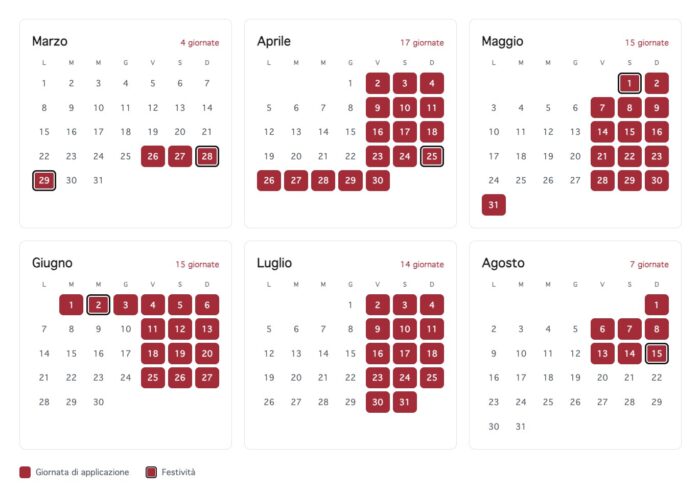 Calendário oficial com os 72 dias de cobrança da taxa de entrada em Veneza em 2027, de março a agosto