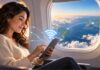 Wi-Fi grátis no avião: o que cada companhia que liga o Brasil à Itália oferece (e quando chega) Passageira usando tablet com Wi-Fi a bordo, com a rota entre o Brasil e a Europa vista pela janela do avião