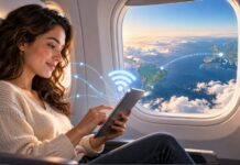 Wi-Fi grátis no avião: o que cada companhia que liga o Brasil à Itália oferece (e quando chega) Passageira usando tablet com Wi-Fi a bordo, com a rota entre o Brasil e a Europa vista pela janela do avião