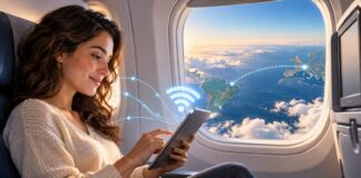 Passageira usando tablet com Wi-Fi a bordo, com a rota entre o Brasil e a Europa vista pela janela do avião
