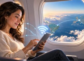 Passageira usando tablet com Wi-Fi a bordo, com a rota entre o Brasil e a Europa vista pela janela do avião